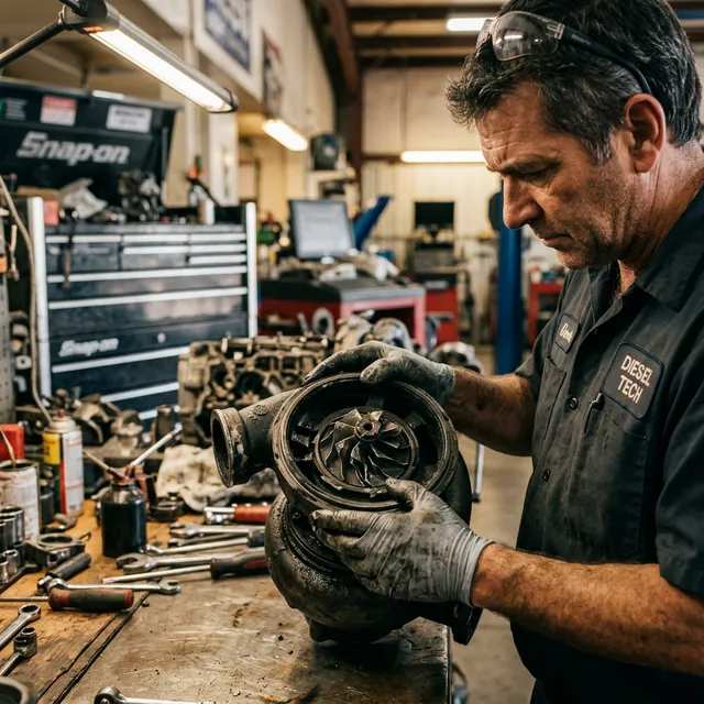 Mecánico revisando las partes internas de un turbo dañado